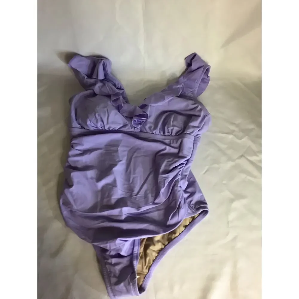Shade & Shore Women One Piece SwimSuit Sz.16 Purple NWT Flutter Sleeve Slimming